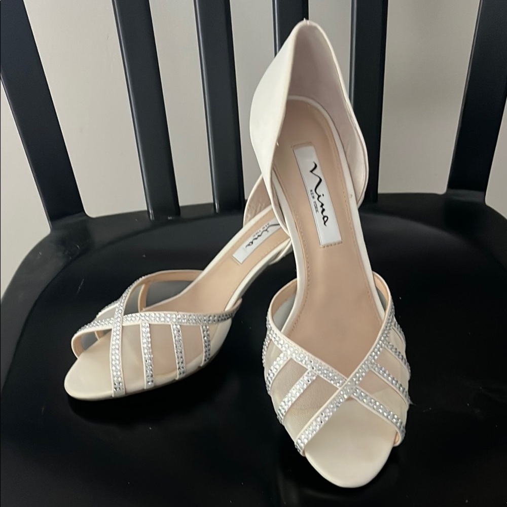 Nina White Satin Heels with rhinestone peep toe size 7
